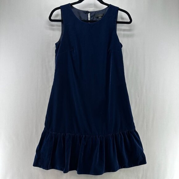 J.CREW Dresses & Skirts - J.Crew Dress Size 0 Velvet Velour Ruffle Hem Drop Waist Shift Sleeveless Blue